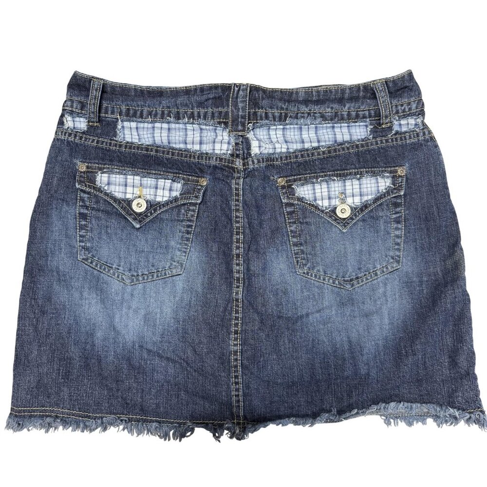 Faded Glory Jean Skort Y2K Womens 10 Blue Denim‎ & Plaid Retro Preppy Frayed Hem